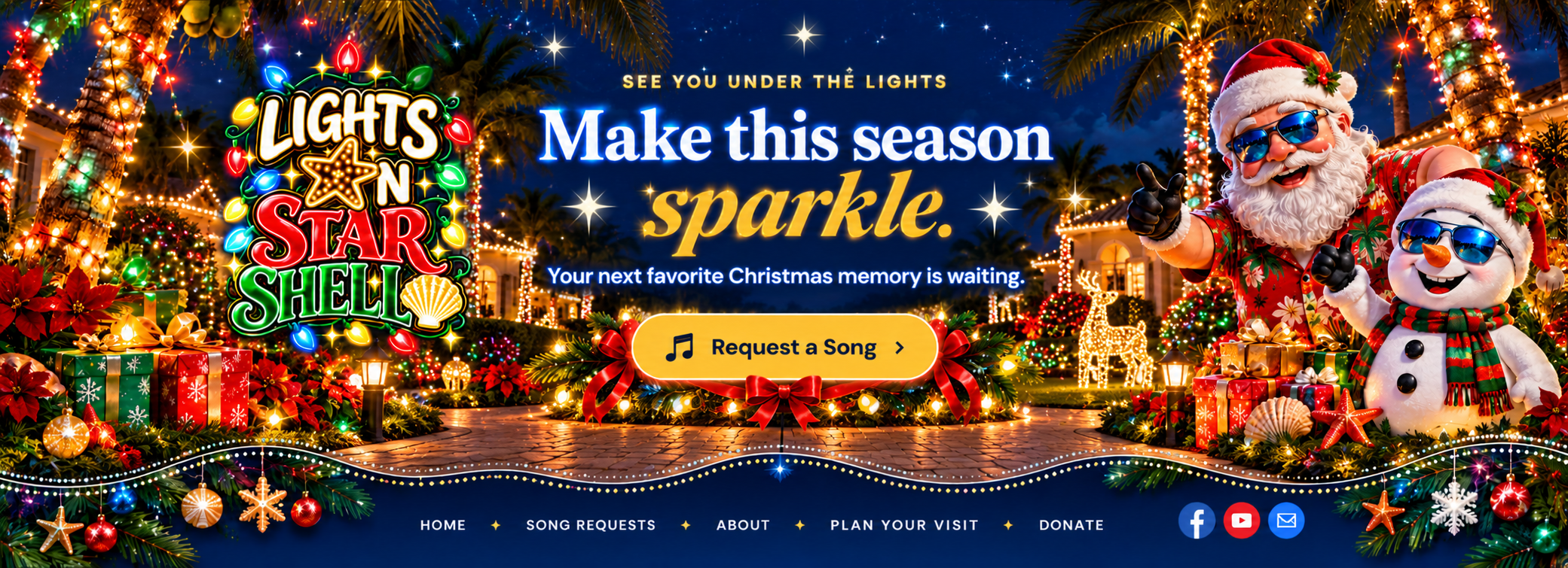 Lights on Star Shell: Make this season sparkle. Santa and a cheerful snowman beside a neighborhood Christmas display with palm trees, gifts and colorful lights.