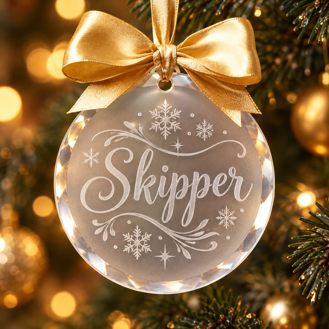 Sample Personalized Name Ornament displayed with a gold ribbon